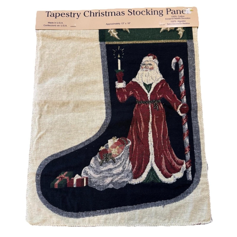 Vintage‎ USA Christmas Old World Santa Stocking Jacquard Tapestry Panel NEW